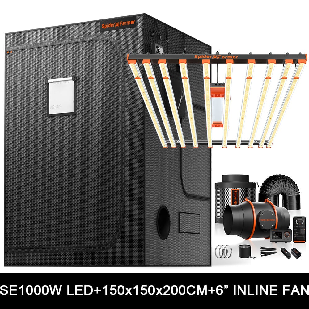 Spider Farmer SE1000W Kweek Tent Kit Compleet – 150×150×200 cm Tent + 1000W Full Spectrum LED + 6″ Inline Fan met GGS Controller