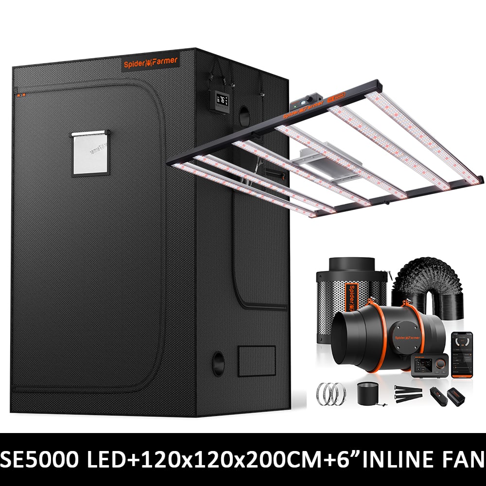 Spider Farmer SE5000 EVO Kweek Tent Kit Compleet – 120×120×200 cm Tent + 480W Full Spectrum LED + Nieuw 6” Ventilatiesysteem met GGS Controller