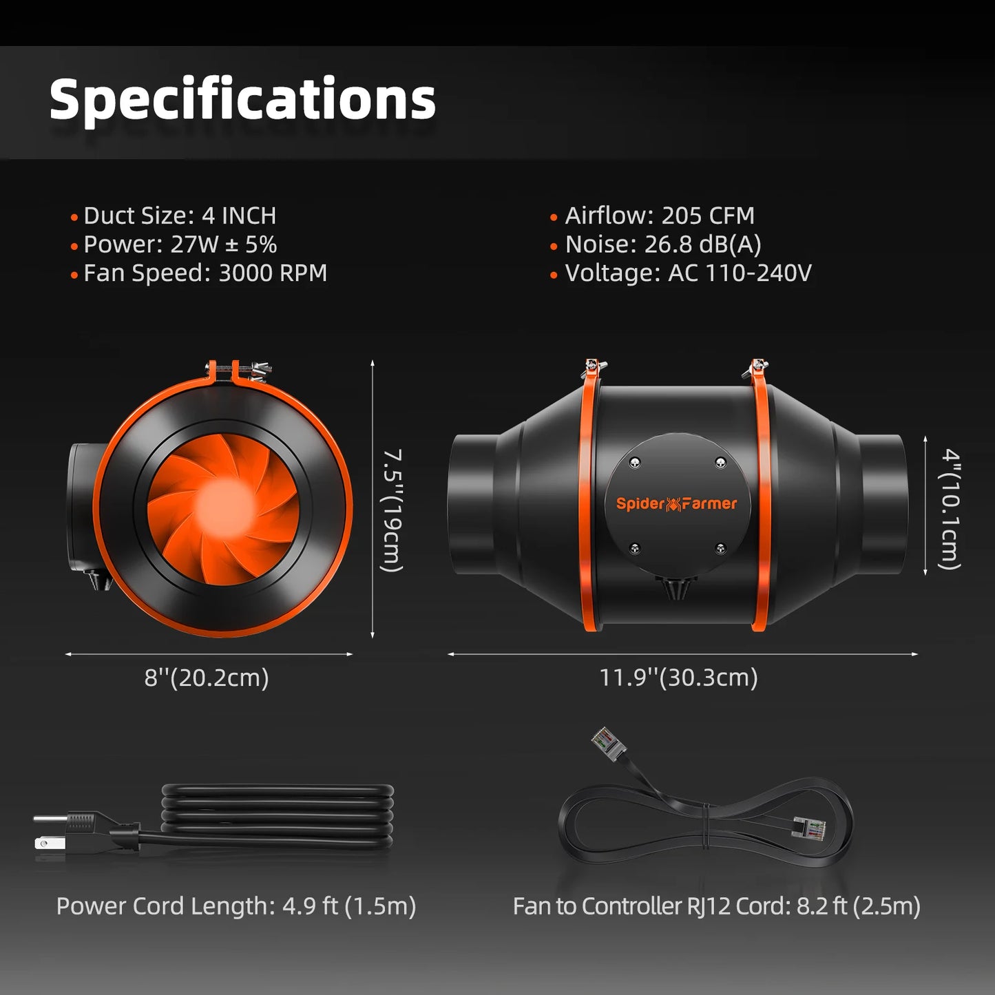 Spider Farmer 4 Inch/10cm Inline Fan 205 CFM met Snelheidscontroller