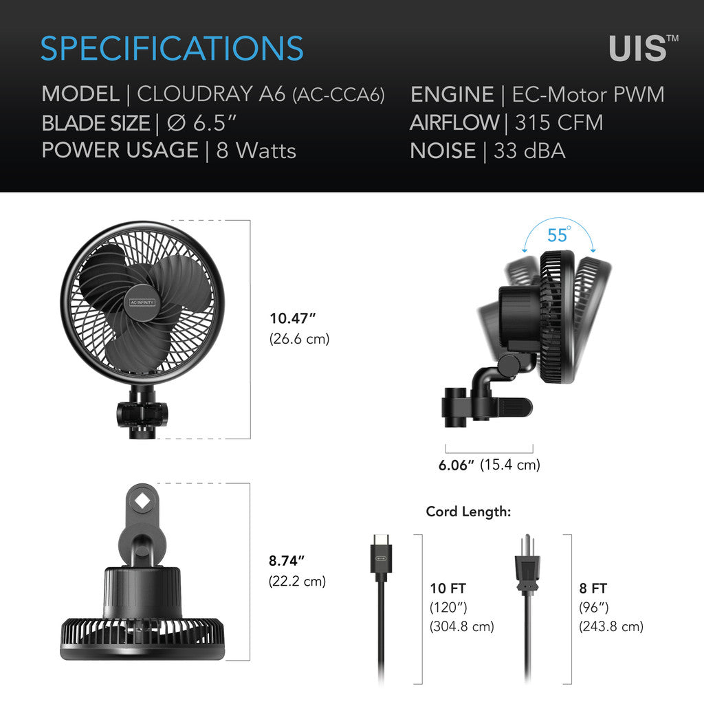 AC Infinity CLOUDRAY S6 – Grow Tent Clip Fan 150 mm met 10 Snelheden, EC-Motor, Auto Oscillation