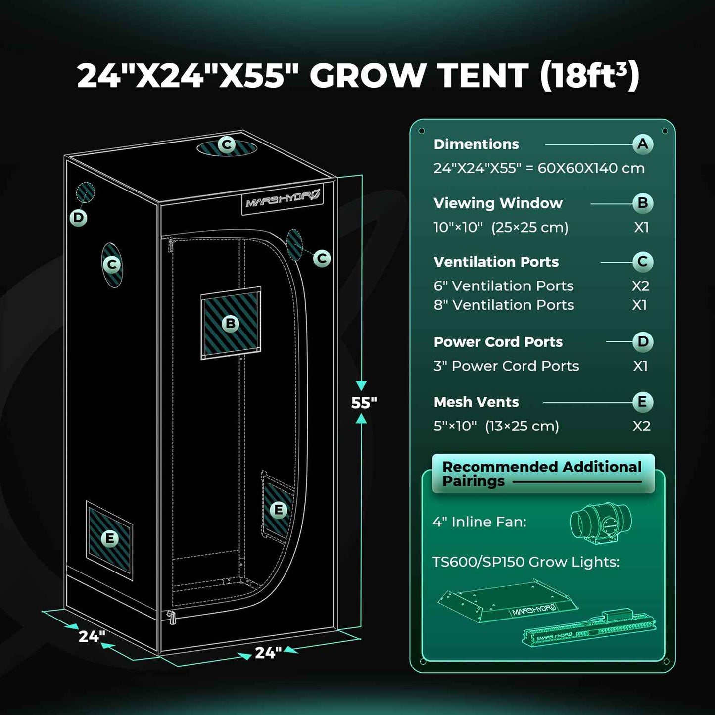 Mars Hydro TS600 LED Complete Kweektent Kit 60×60×140 cm – Full Spectrum Grow Set met iFresh Smart Ventilatie