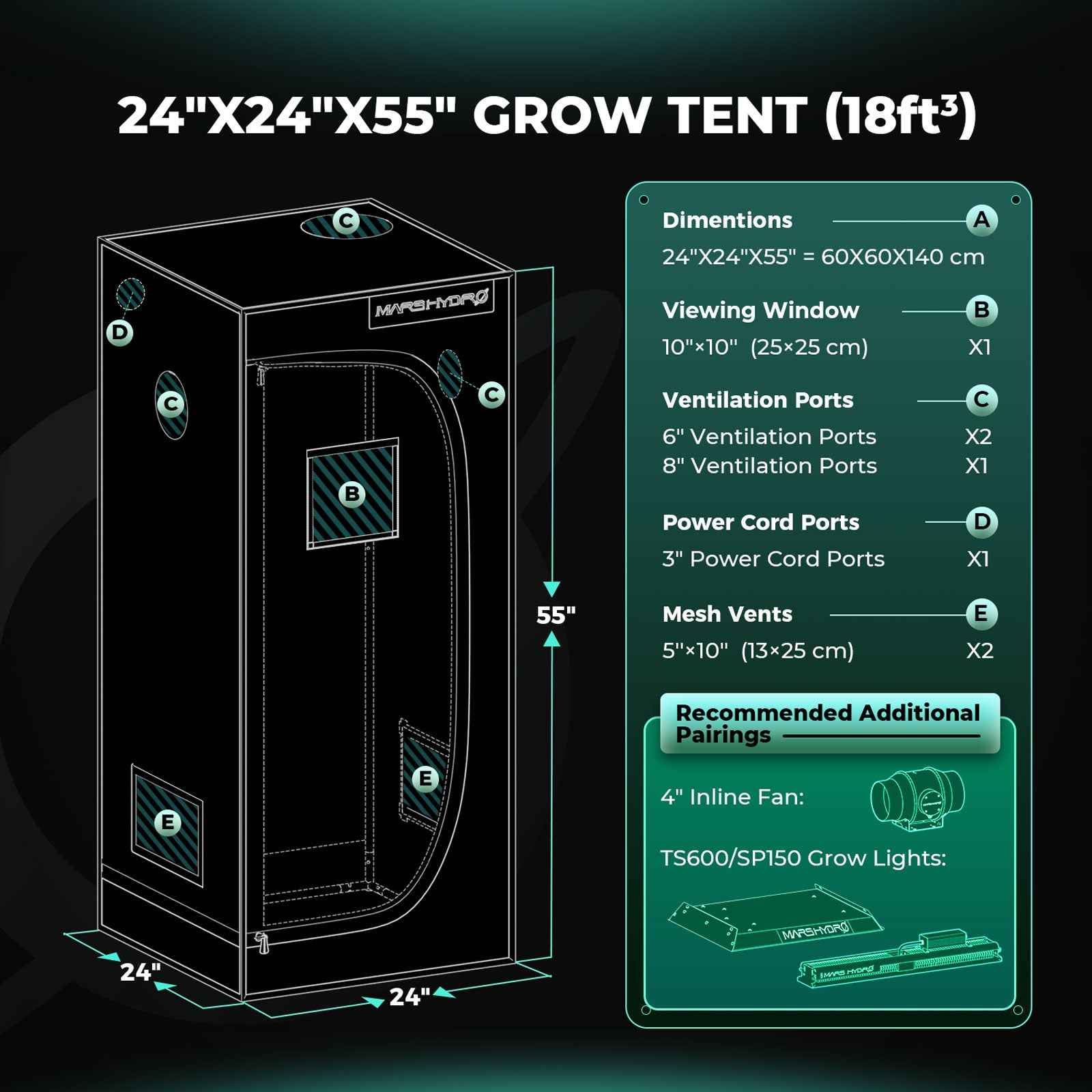 Mars Hydro TS600 LED Complete Kweektent Kit 60×60×140 cm – Full Spectrum Grow Set met iFresh Smart Ventilatie