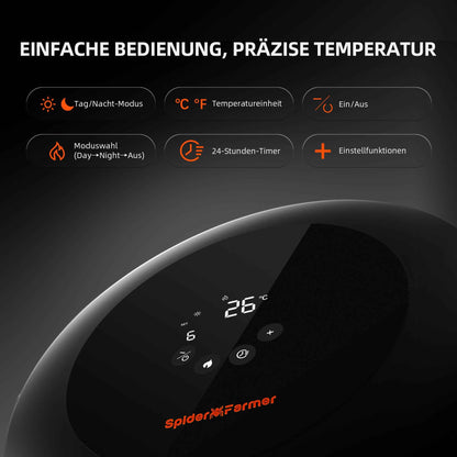 Spider Farmer 540W Kweektent Heater – Smart PTC Verwarming met 24H Timer, Dag/Nacht Modus & GGS App-Controle