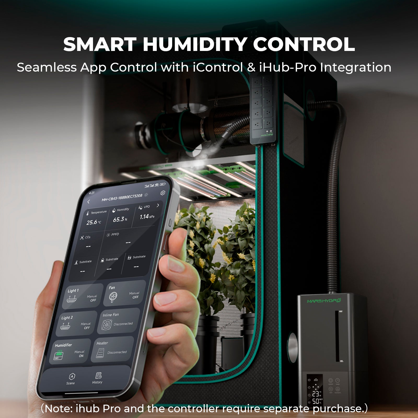 Mars Hydro smart humidifier met 38 uur continue nevelproductie voor stabiele luchtvochtigheid, grow tent humidifier mit App Steuerung