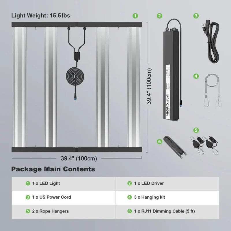 migro array 4x4 2.7µmol/j led kweeklamp dimbaar full spectrum indoor grow pflanzen