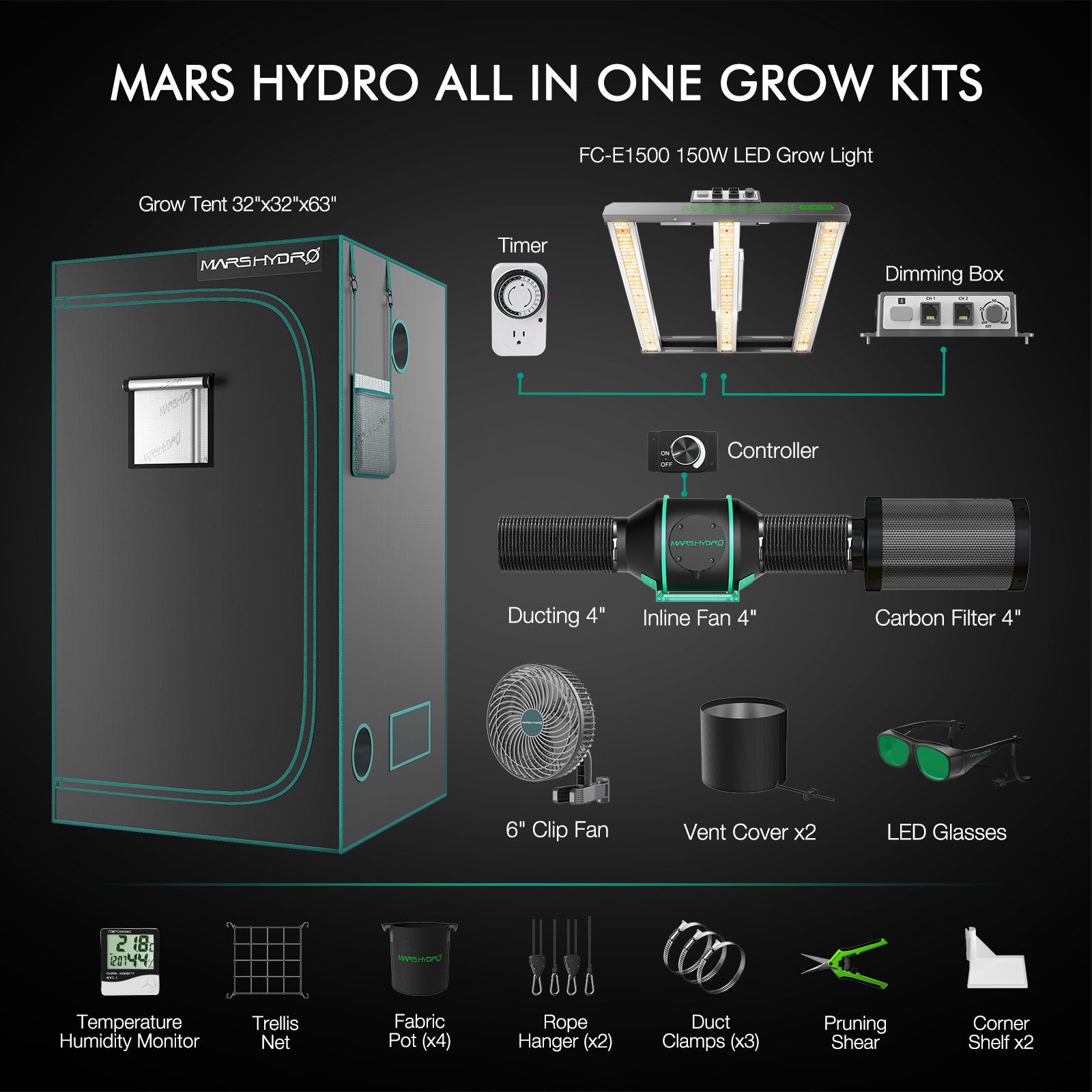 mars hydro fce1500 grow tent kit met ventilatie hydroponics pflanzenzelt