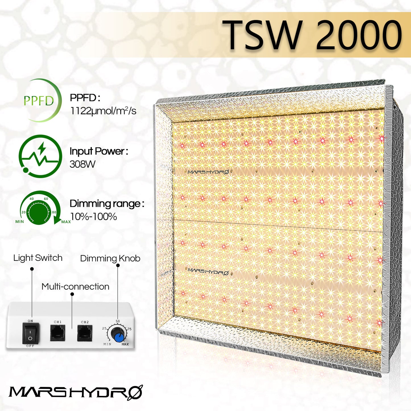 MARS HYDRO TSW 2000 (dimbar) 2,6µmol/J 300W LED-blomlampa/Quark-ljus