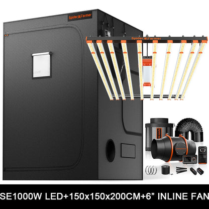 Spider Farmer SE1000W Kweek Tent Kit Compleet – 150×150×200 cm Tent + 1000W Full Spectrum LED + 6″ Inline Fan met GGS Controller