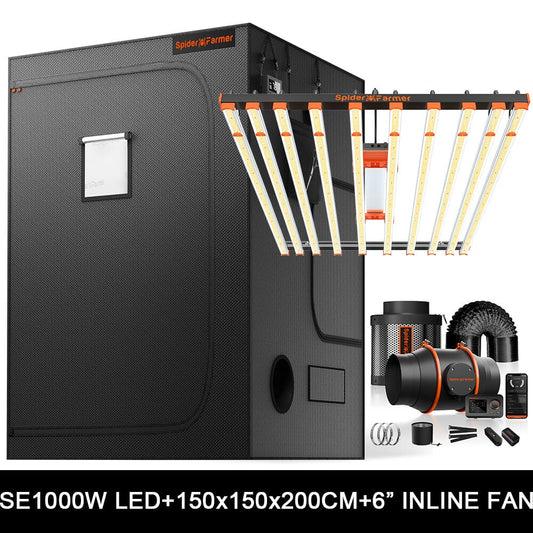 Spider Farmer SE1000W Kweek Tent Kit Compleet – 150×150×200 cm Tent + 1000W Full Spectrum LED + 6″ Inline Fan met GGS Controller