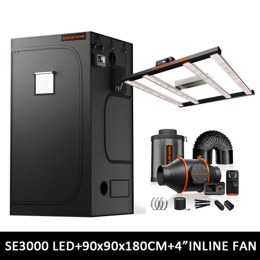 Spider Farmer SE3000 EVO Kweek Tent Kit Compleet – 90×90×180 cm Tent + 300W Full Spectrum LED + 4” Ventilatiesysteem met GGS Controller