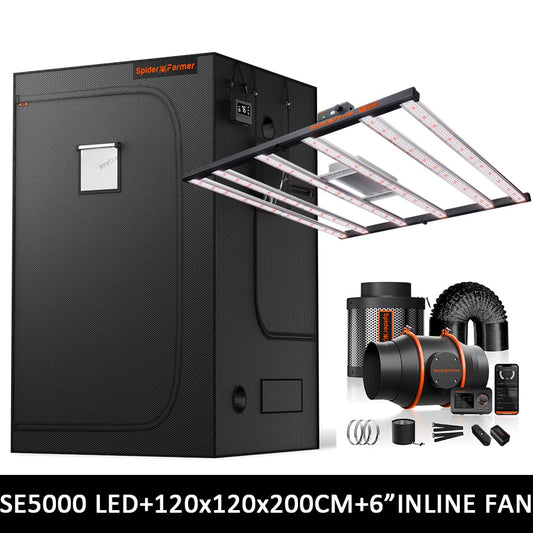 Spider Farmer SE5000 EVO Kweek Tent Kit Compleet – 120×120×200 cm Tent + 480W Full Spectrum LED + Nieuw 6” Ventilatiesysteem met GGS Controller