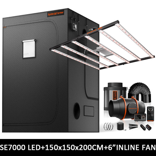 Spider Farmer SE7000 Kweek Tent Kit Compleet  – 150×150×200 cm Tent + 730W Full Spectrum LED + Nieuw 6″ Inline Fan met GGS Controller