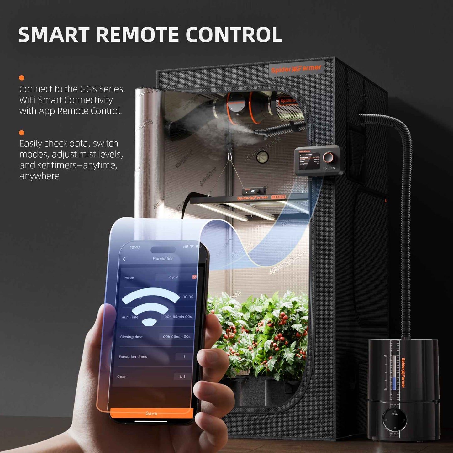 Spider Farmer 5L Smart Cool Mist Luchtbevochtiger – App-Gestuurd met Temperatuur- & Luchtvochtigheidssensor voor Kweektent & Indoor Kweek