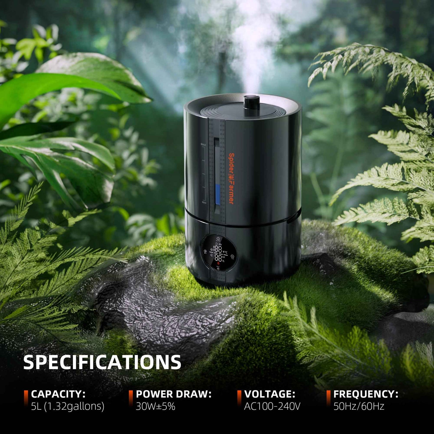 Spider Farmer 5L Smart Cool Mist Luchtbevochtiger – App-Gestuurd met Temperatuur- & Luchtvochtigheidssensor voor Kweektent & Indoor Kweek