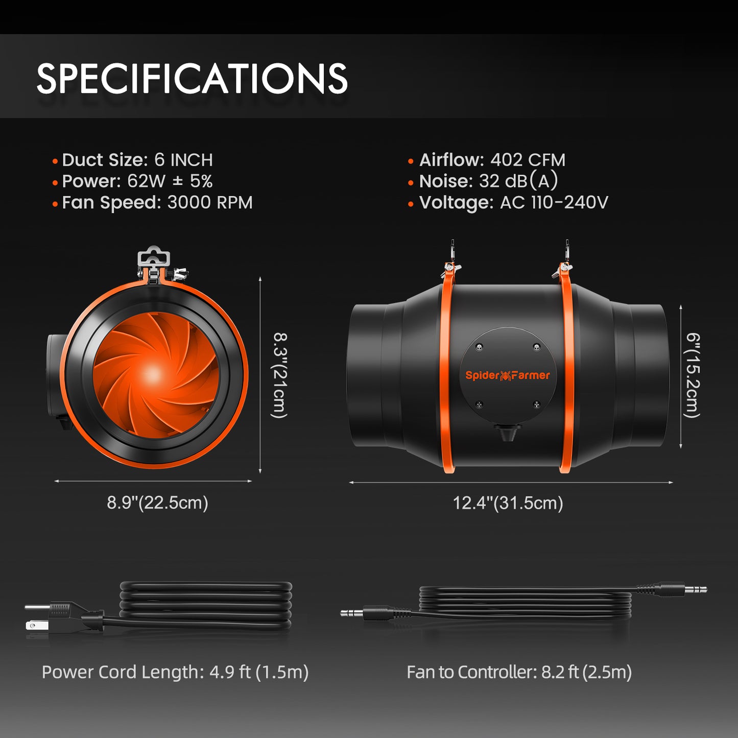 Spider Farmer 6-tommer/15 cmØ Ventilationssæt Inklusiv Smart Monitor