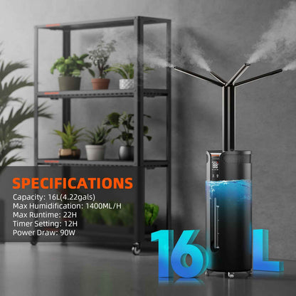 Spider Farmer 16L Ultrasone Koele Mist Luchtbevochtiger 1400ml/u – Slimme RV-Regeling met Externe Sensor voor Grote Kweektenten & Professionele Binnenkweek