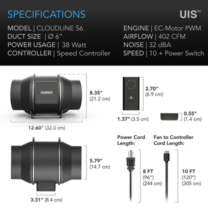 AC Infinity CLOUDLINE S6 – Quiet Inline Duct Fan System with Speed Controller (150 mm)