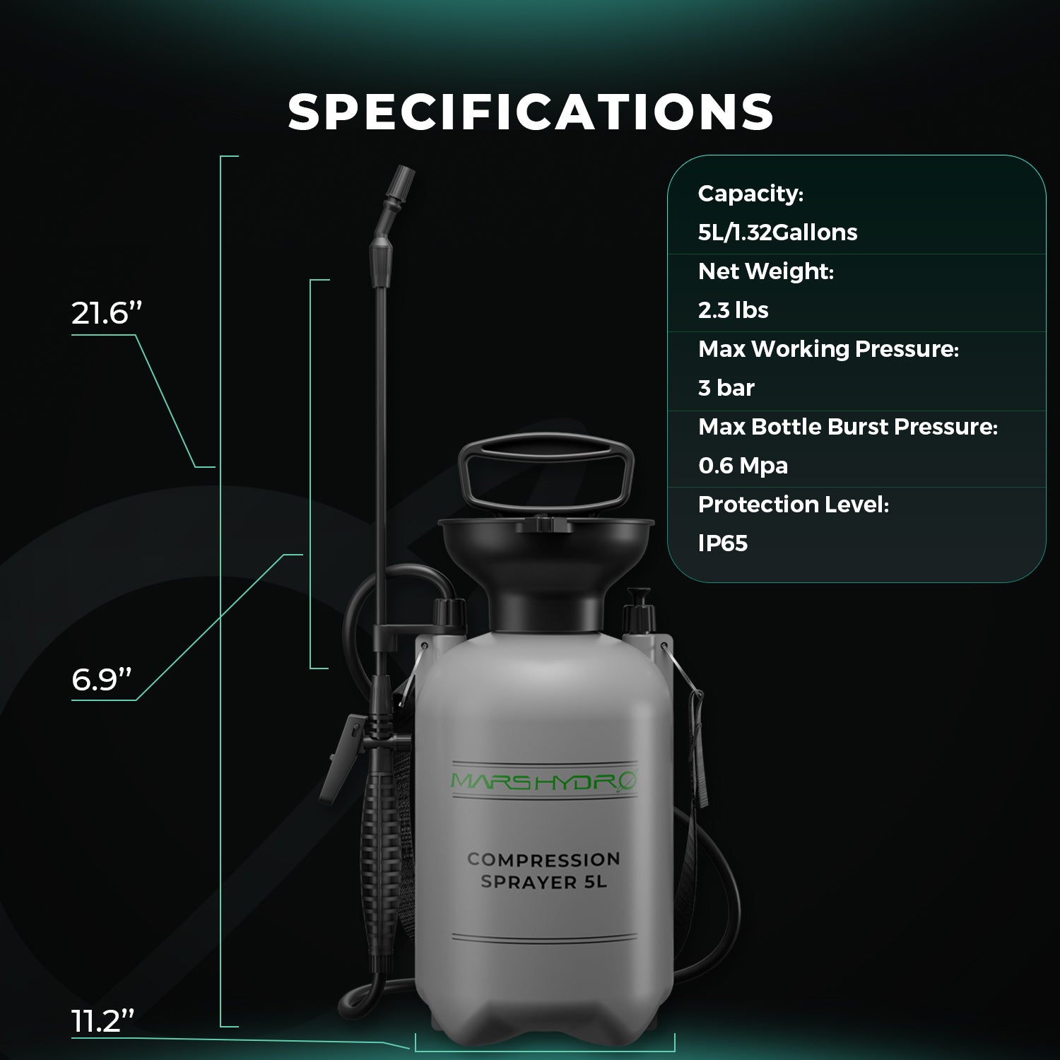 Mars Hydro drukspuit met transparante tank en niveau-indicator, pressure sprayer with measurement scale, Drucksprüher mit Füllstandsanzeige