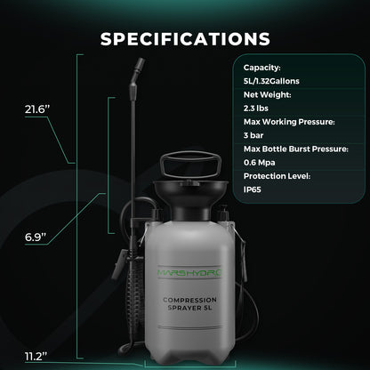 Mars Hydro drukspuit met transparante tank en niveau-indicator, pressure sprayer with measurement scale, Drucksprüher mit Füllstandsanzeige