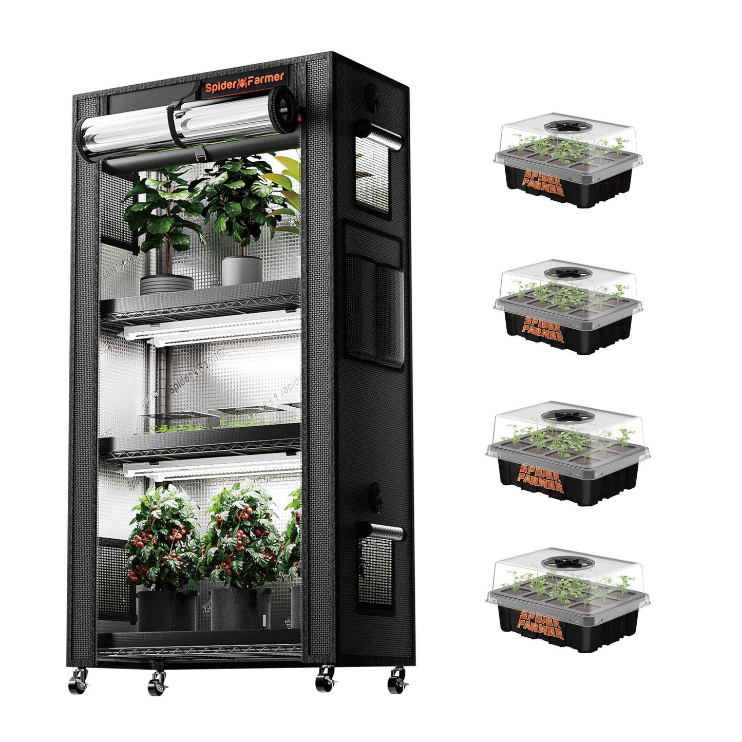 Spider Farmer 4-Laags Plant Stand Indoor Kweeksysteem – 108W LED Grow Lights met 1680D Grow Tent & 4 Seed Trays voor Zaailingen en Microgreens