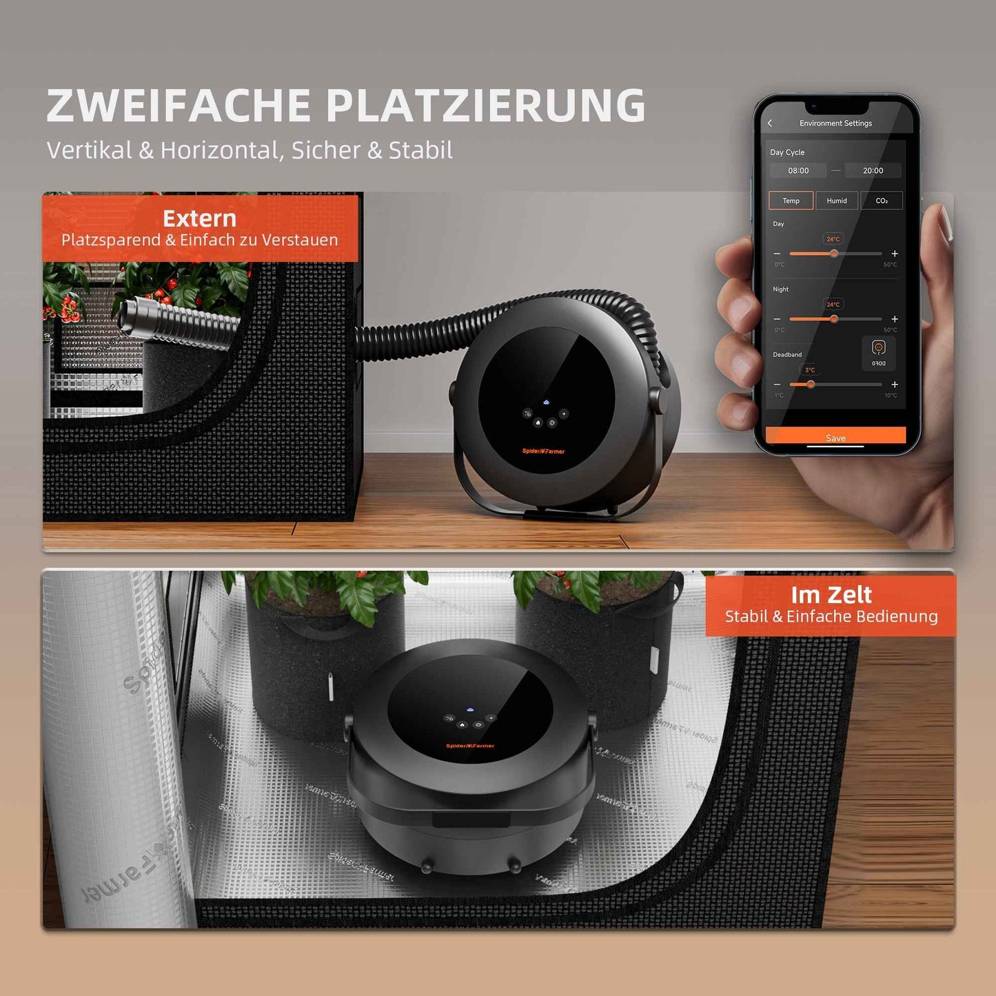 Spider Farmer 540W Kweektent Heater – Smart PTC Verwarming met 24H Timer, Dag/Nacht Modus & GGS App-Controle